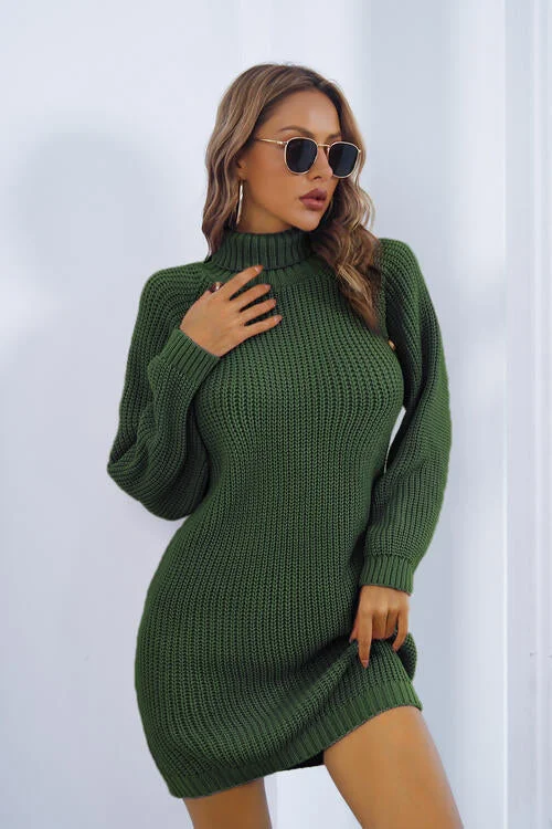 Buttoned Turtleneck Long Sleeve Sweater Dress Fitted Slim Tailored