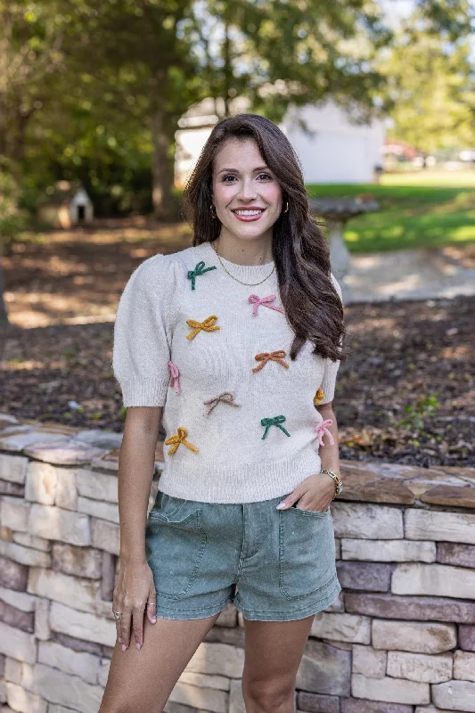 Bow Tied Beauty Oatmeal Sweater Herringbone Houndstooth Plaid