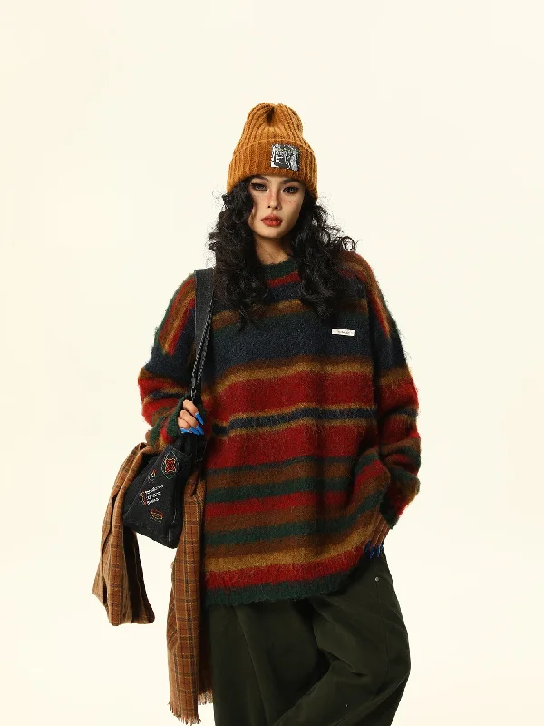 Multicolor Striped Fuzzy Sweater Glossy Satin Silk