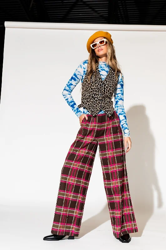 Lovers Lane Plaid Wide Leg Trousers in Pink Trousers Fleece Cozy