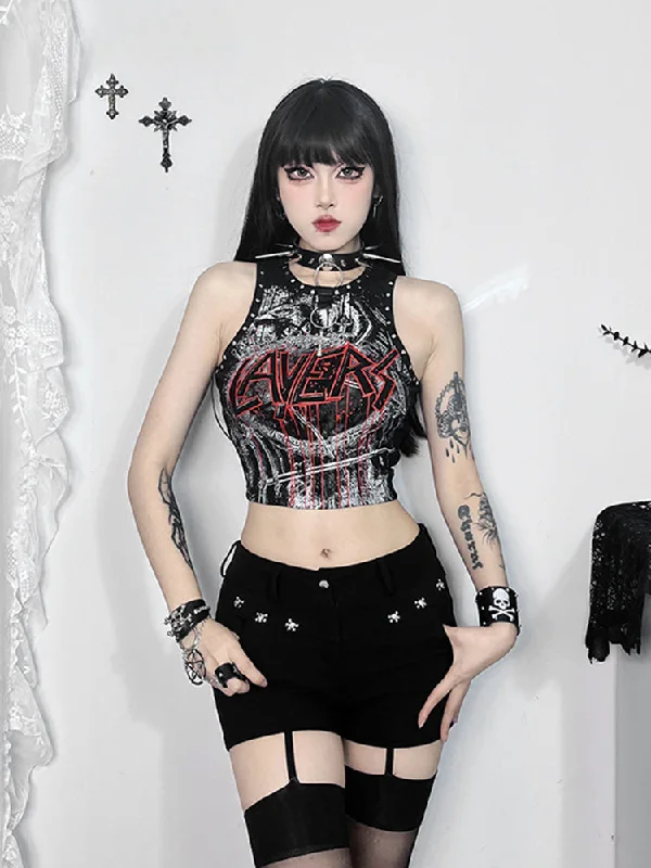 Gothic Retro Rivet Print Graphic Crop Top Satin Blend Silk Blend Wool Blend