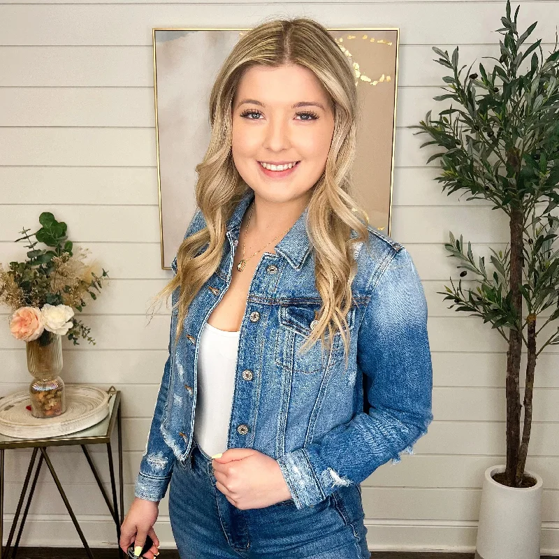 KanCan Bella Distressed Cotton Long Sleeve Medium Wash Denim Jacket Striped Jacket Polka Dot Jacket Floral Jacket