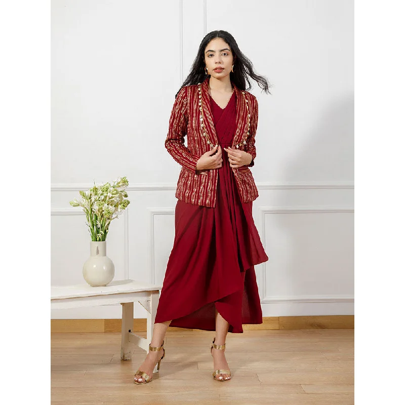 EMPRESS PITARA Maroon Drape Dress with Brocade Jacket (Set of 2) Appliqued Jacket Beaded Jacket Sequined Jacket EMPRESS PITARA Maroon Drape Dress with Brocade Jacket (Set of 2) Appliqued Jacket Beaded Jacket Sequined Jacket