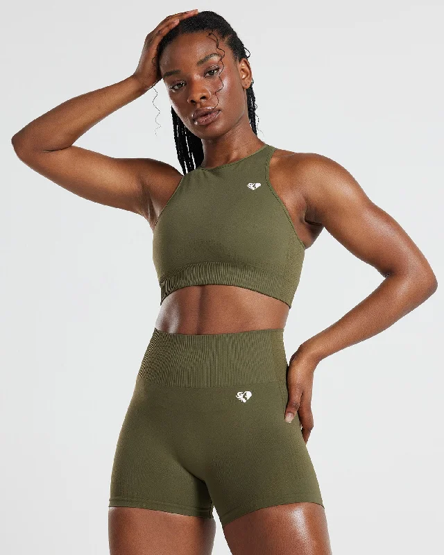 Power Seamless High Neck Bra | Khaki