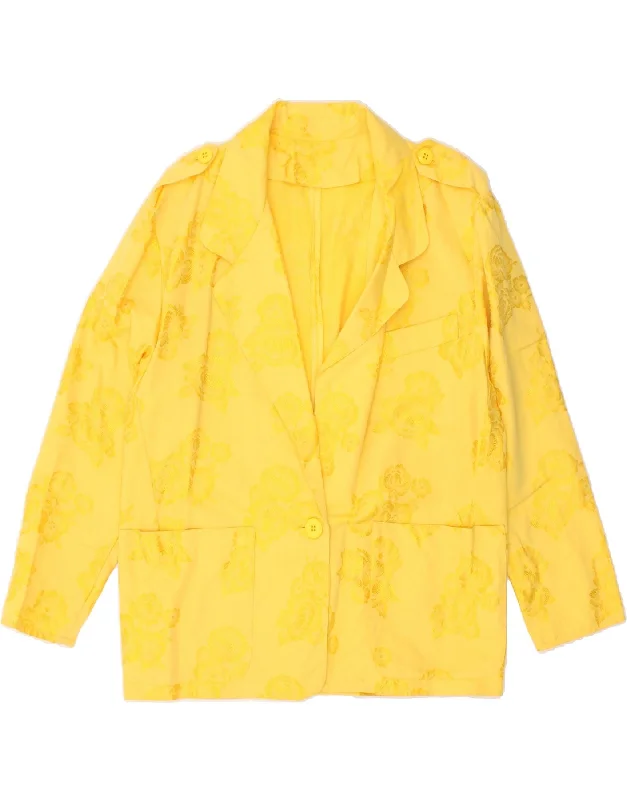 VINTAGE Womens 3/4 Sleeve 1 Button Blazer Jacket UK 16 Large Yellow Floral