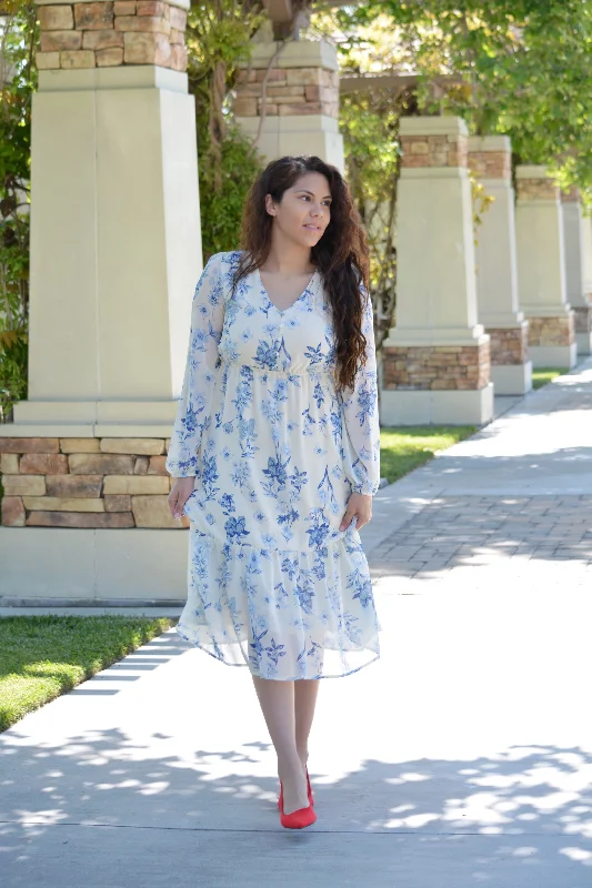 Avri Blue Floral Ivory Midi Dress