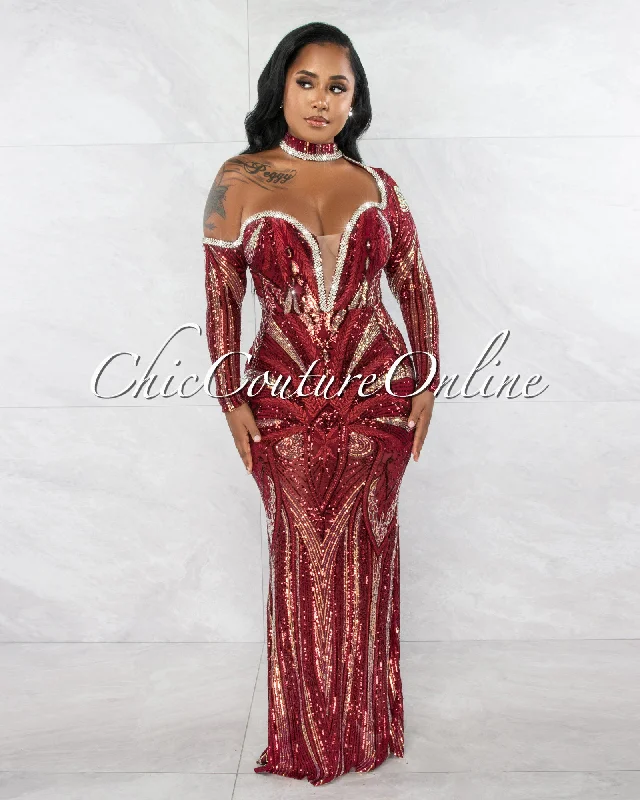 Bellucci Burgundy Sequins Rhinestones Long Sleeves Choker Maxi Dress