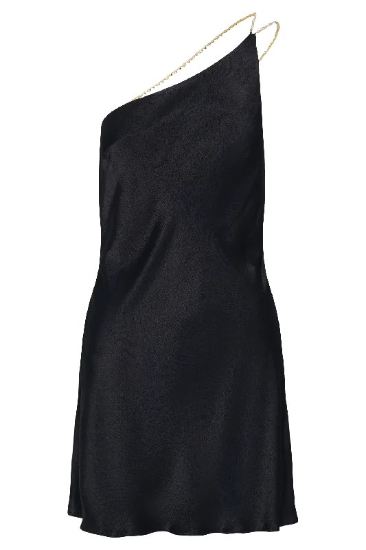 Berina One Shoulder Mini Dress With Pearl Trim - Black