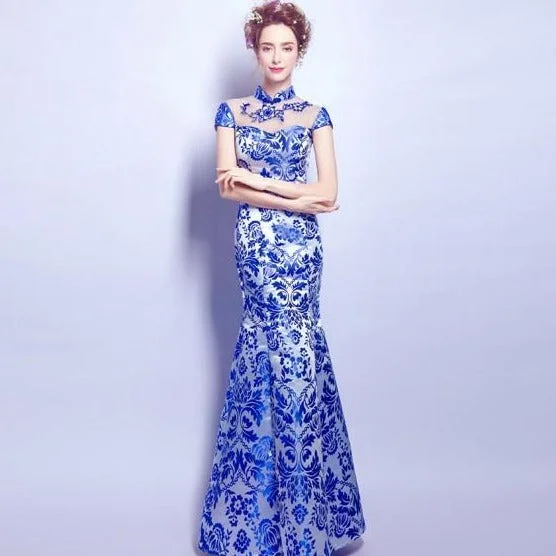 Cap Sleeve Illusion Neck Mermaid Chinese Style Evening Dress Wedding Gown