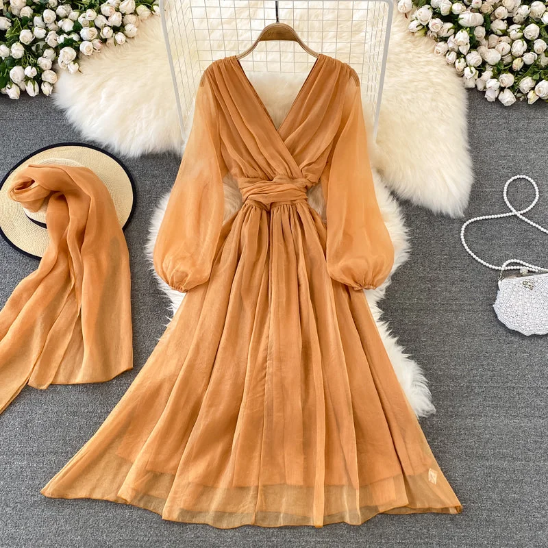 Cute V Neck Soft Chiffon Dress Fashion Girl Dress And Scarf  10791