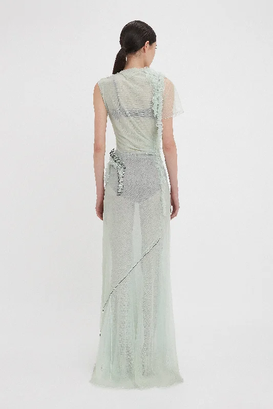 Gathered Tulle Detail Floor-Length Dress In Jade