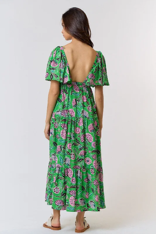 Green with Envy Printed Ruffle Top Maxi Dress FINAL SALE