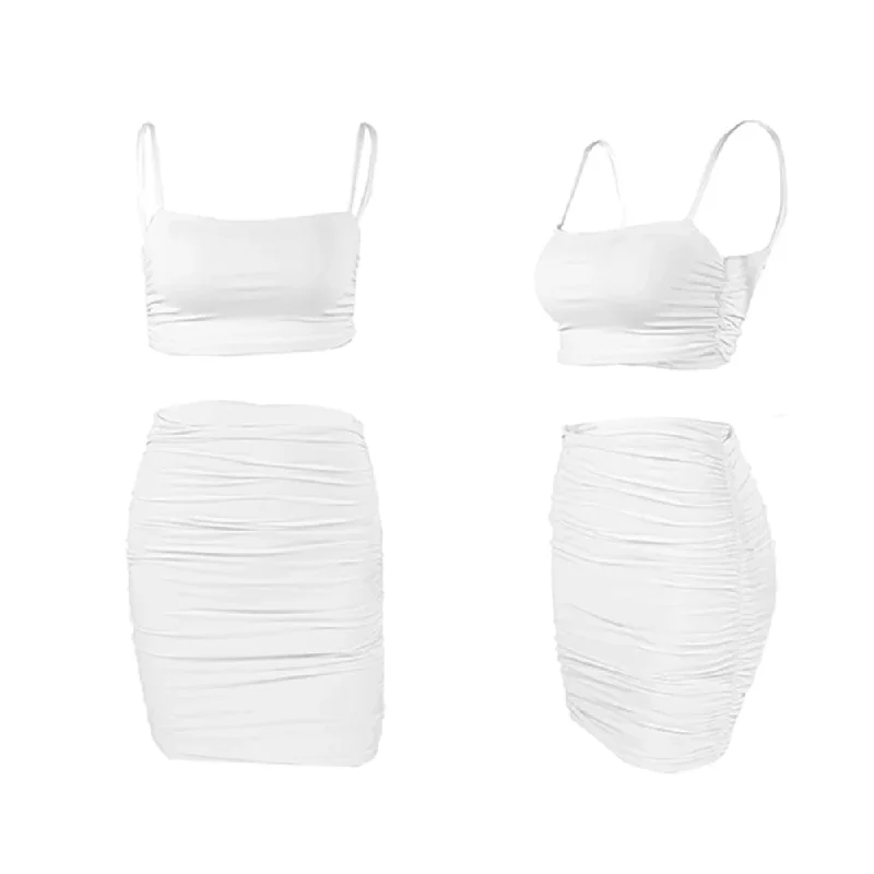 Lunivop Ruched White Backless Dress Two Piece Set Rave Festival Outfit Women Spaghetti Strap Crop Top Mini Skirt Sexy Summer