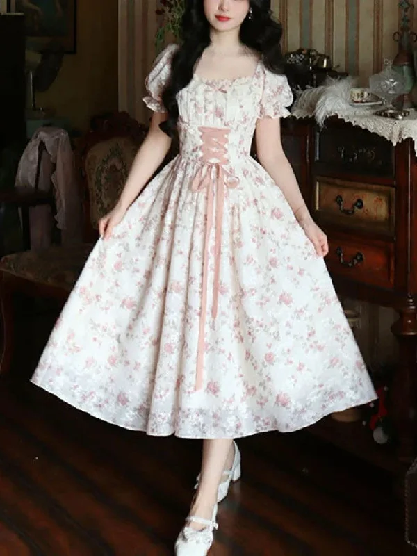 Lunivop Summer Korean Fashion Lace Fairy Dress Women Square Collar Princess Kawaii Floral Print Dress Female Bandage Sweet Dress 2024