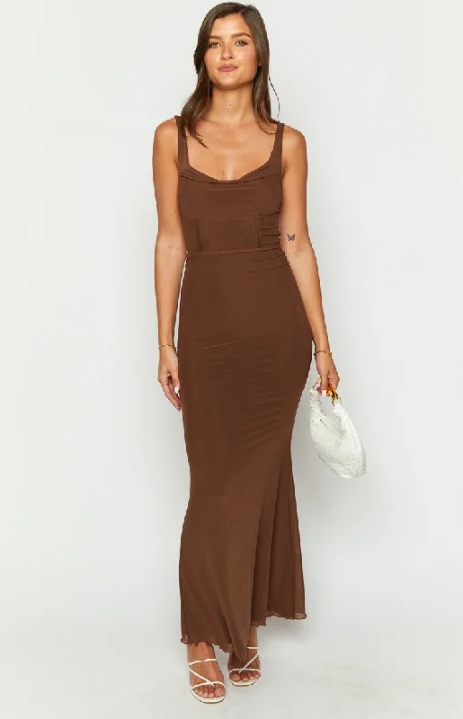 Myah Brown Corset Mesh Maxi Dress