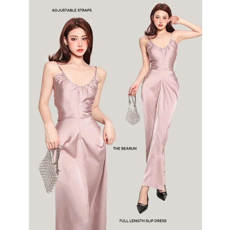 Quin Solid Color Pink V-Neck Spaghetti Strap Slip Long Dress