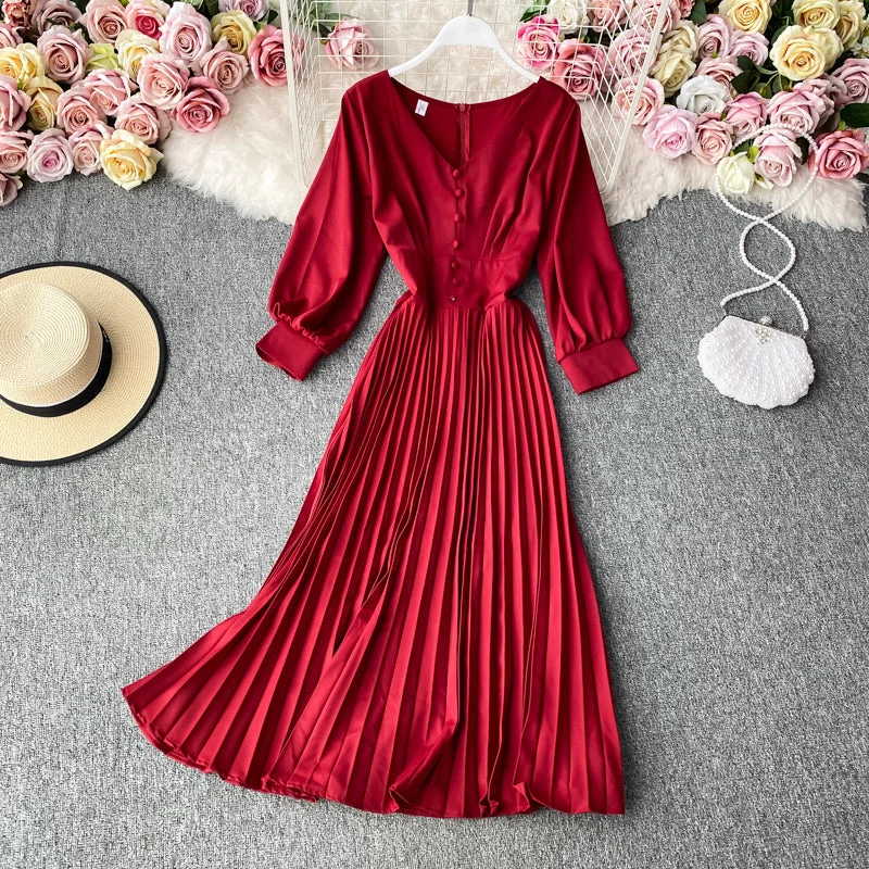 Simple V Neck Long Sleeve Dress Fashion Dress  10805