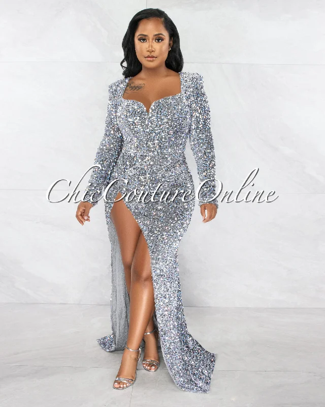 Violette Silver Sequins Queen Anne Long Sleeves Bodysuit Maxi Dress