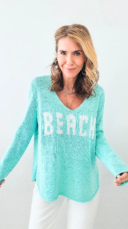 Beach Lightweight Knit V Neck - Aqua /White