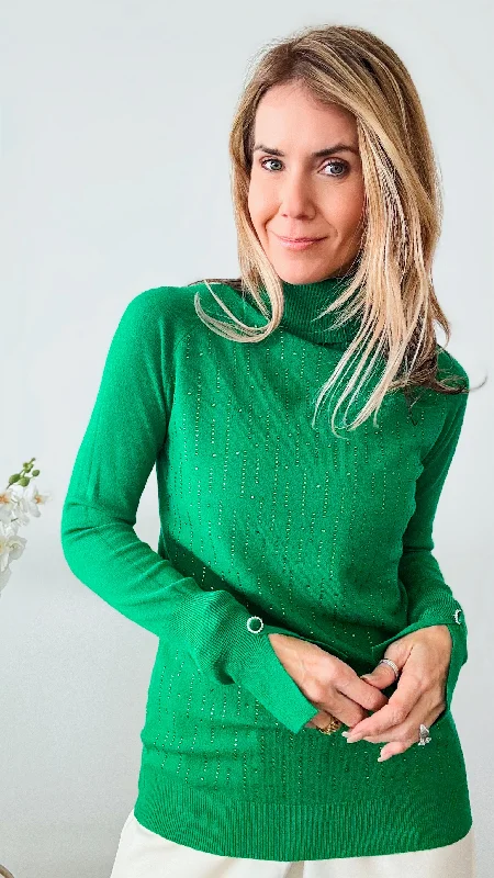 Shimmer Turtleneck CZ Sweater - Green