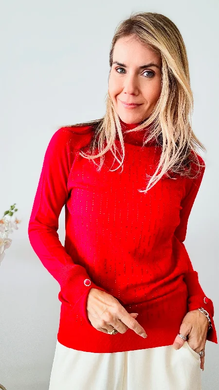 Shimmer Turtleneck CZ Sweater - Red