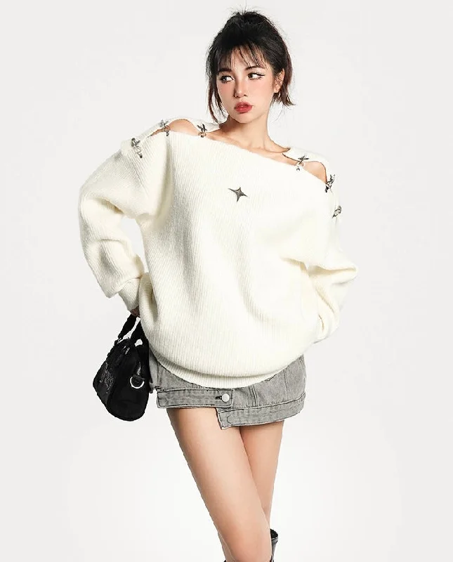 Star Light Ribbed Shoulder Chain Link Solid Color Long Sleeve Sweater