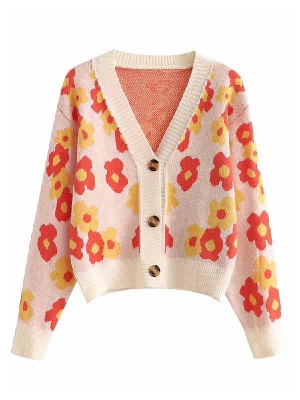 V-neck button flower jacquard loose thin knitted cardigan top  7276