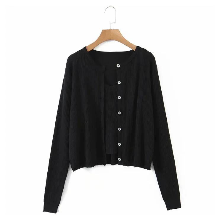 V-neck suspender T-shirt button long sleeve cardigan two piece set  7275