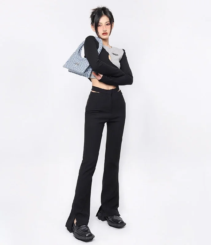 Beverly Solid Color Black V Waist Cut Out Long Straight Bottom Split Pants