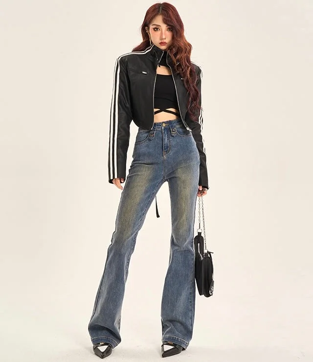 Camille Washed Blue Denim Hugh Waisted Flare Jeans Pants