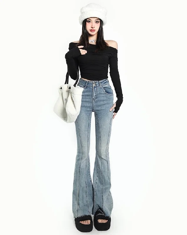 Dion Blue Gradient Patchwork Denim Flare Jeans Pants