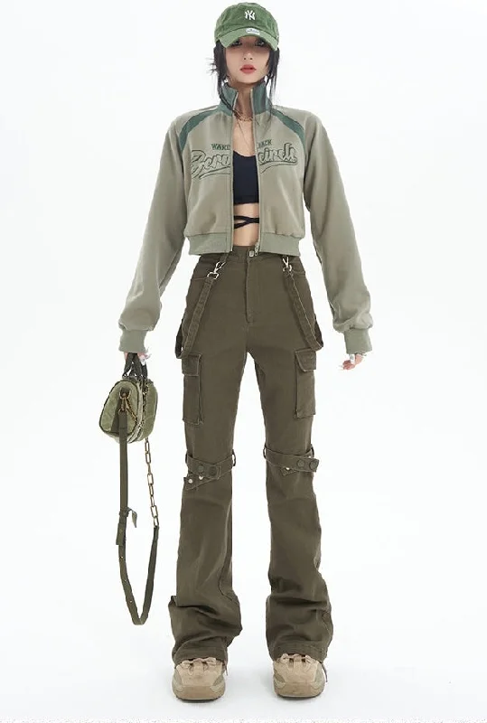 Jaida Solid Color Army Green Cargo Suspender Flare Pants