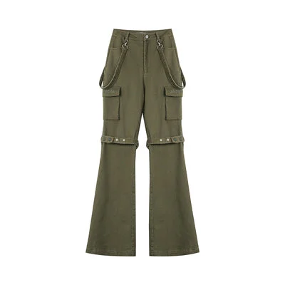 Jaida Solid Color Army Green Cargo Suspender Flare Pants