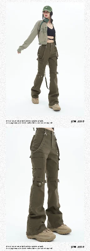 Jaida Solid Color Army Green Cargo Suspender Flare Pants