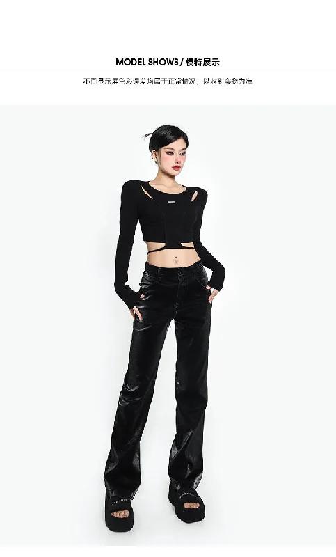 Lara Solid Color Black Silver Reflective Straight Leg Loose Pants