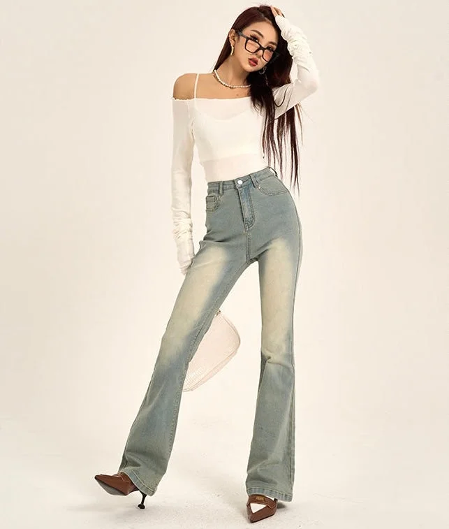 Marissa Washed Denim Blue Flare Hugh Waisted Jeans Pants