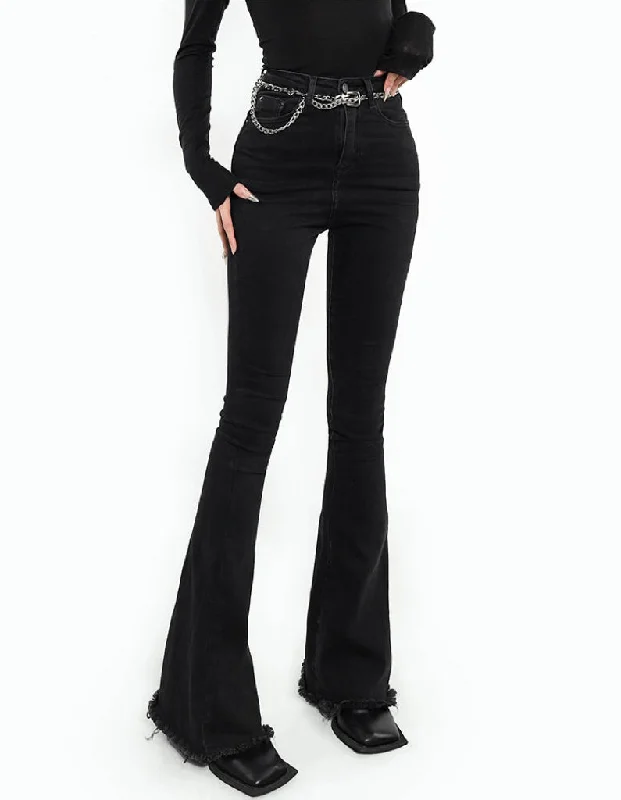 Susan Solid Color Black Slim Denim Flare High Waisted Jeans Pants