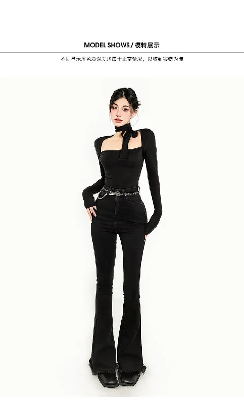 Susan Solid Color Black Slim Denim Flare High Waisted Jeans Pants