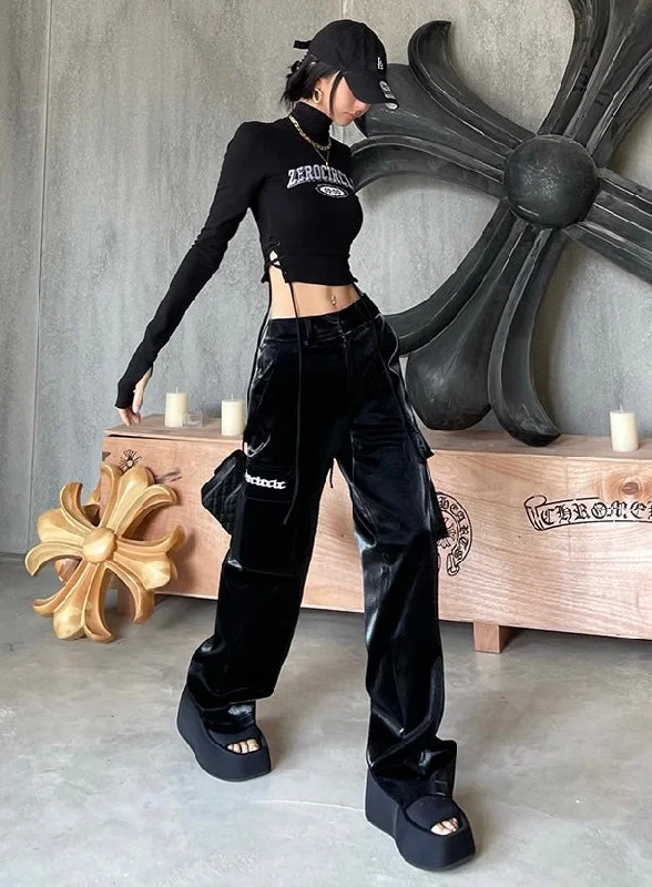 Zerocircle Black Reflective Silver Cargo Straight Leg Pants