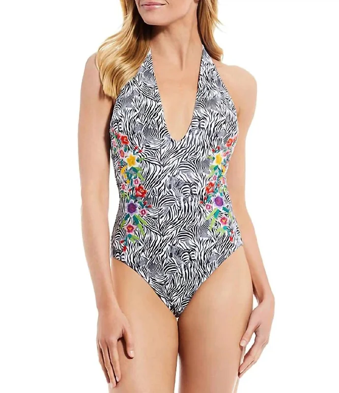 Spring Halter Embroidered One-Piece Swimsuit In Multi