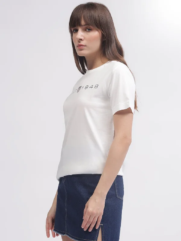 Gant Women White Solid Round Neck Short Sleeves T-shirt