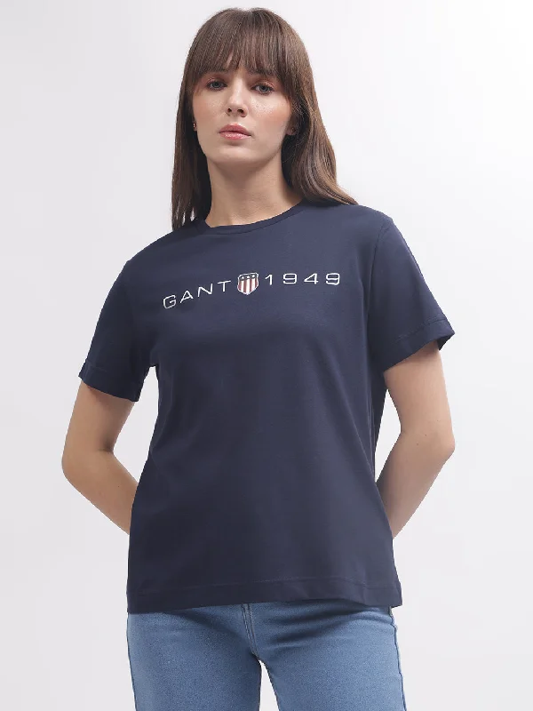 Gant Women Blue Solid Round Neck Short Sleeves T-shirt