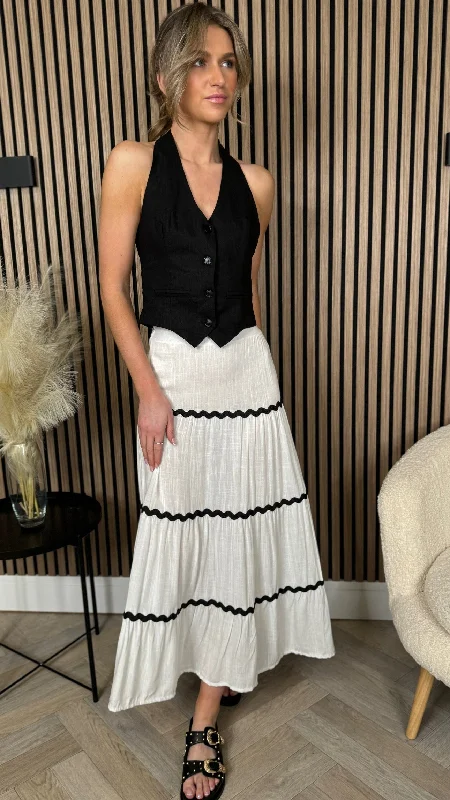 Evelyn White & Black Trimmed Midi Skirt