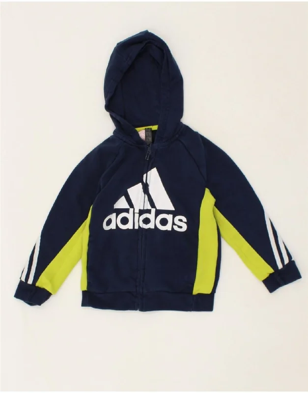 ADIDAS Boys Graphic Zip Hoodie Sweater 5-6 Years Navy Blue Colourblock