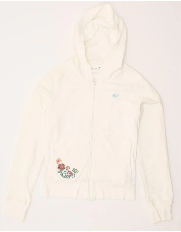 ADIDAS Womens Graphic Zip Hoodie Sweater UK 12 Medium White Floral Cotton