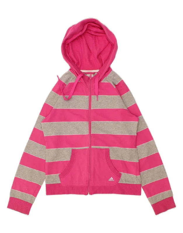 ADIDAS Womens Zip Hoodie Sweater UK 12 Medium Pink Striped