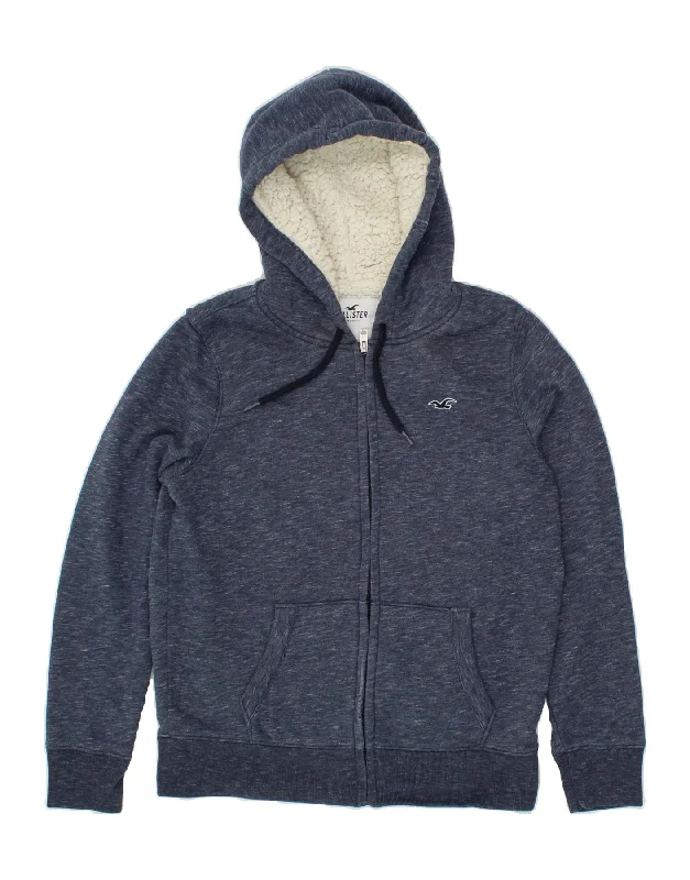 HOLLISTER Mens Sherpa Hoodie Jumper Small Navy Blue Cotton