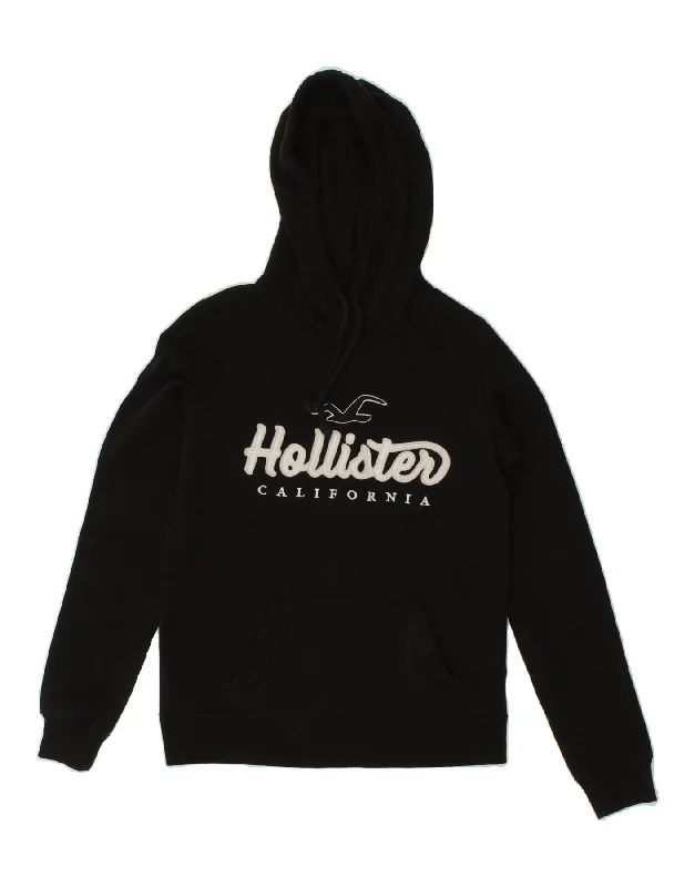 HOLLISTER Womens Graphic Hoodie Jumper UK 6 XS Black Cotton