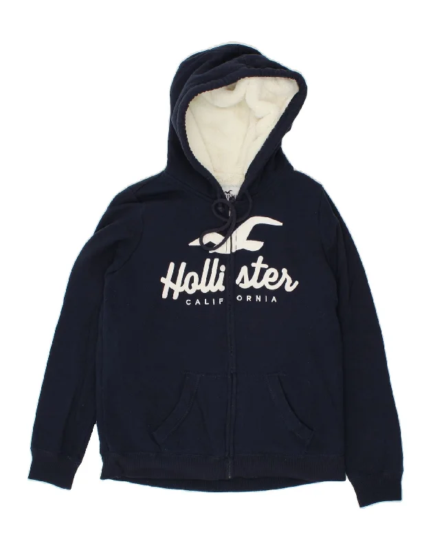 HOLLISTER Womens Sherpa Graphic Zip Hoodie Sweater UK 14 Medium Navy Blue