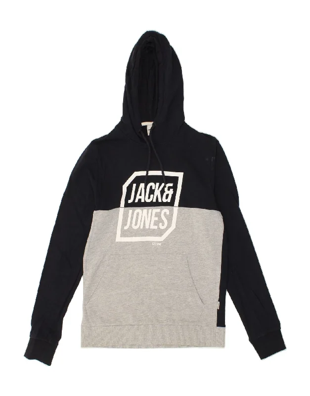 JACK & JONES Mens Graphic Hoodie Jumper Small Navy Blue Colourblock Cotton